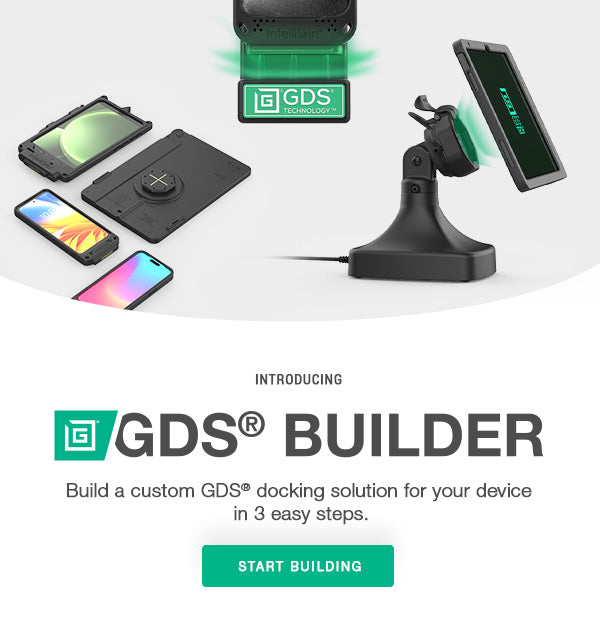 Promotional banner for GDS® Builder, showcasing a mounted tablet in a vehicle cab and various modular components for creating a custom GDS® docking solution, alongside a 'Start Building' call-to-action button.
