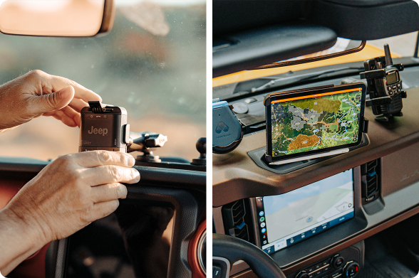 Left: A person installs a Jeep-branded device onto a RAM ball mount base on the dash of an off-road vehicle, securing it for stable use on rough terrain.
Right: Interior view of a vehicle dashboard equipped with a RAM Mount holding a tablet displaying an off-road trail map, alongside a mounted handheld radio, ideal for overlanding navigation and comms.