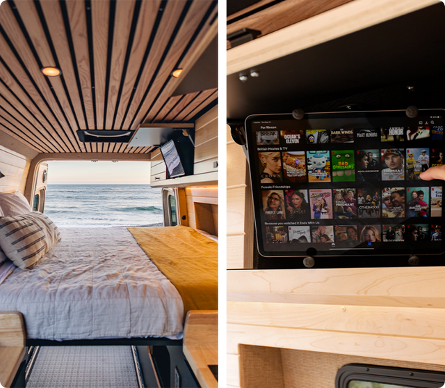Left: A custom camper van interior with a mounted screen above the bed using a RAM Mount, overlooking a scenic ocean view through the back doors.
Right: Close-up of a mounted tablet displaying a Netflix interface, held under an overhead cabinet with a RAM ball and socket system, enabling hands-free streaming during van life adventures.